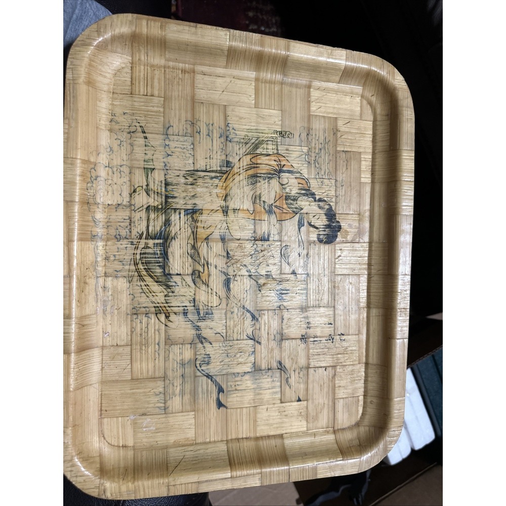 Vintage Chinese Bamboo Serving Tray Geisha Rabbit Weave Pattern Platter Oriental